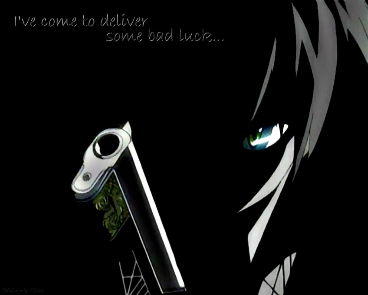 Anime, Black Cat (Anime): dramatic close-up of a handgun and a single glowing eye in shadow with the words I've come to deliver some bad luck...