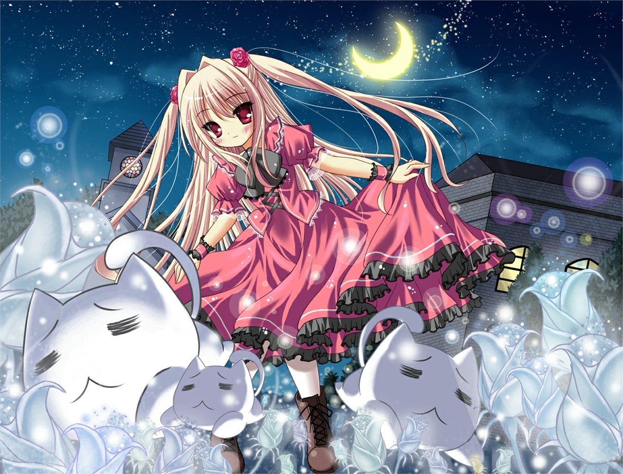 Anime-style girl in a pink dress surrounded by large white cats under a starry night sky, inspired by the anime Black Cat.