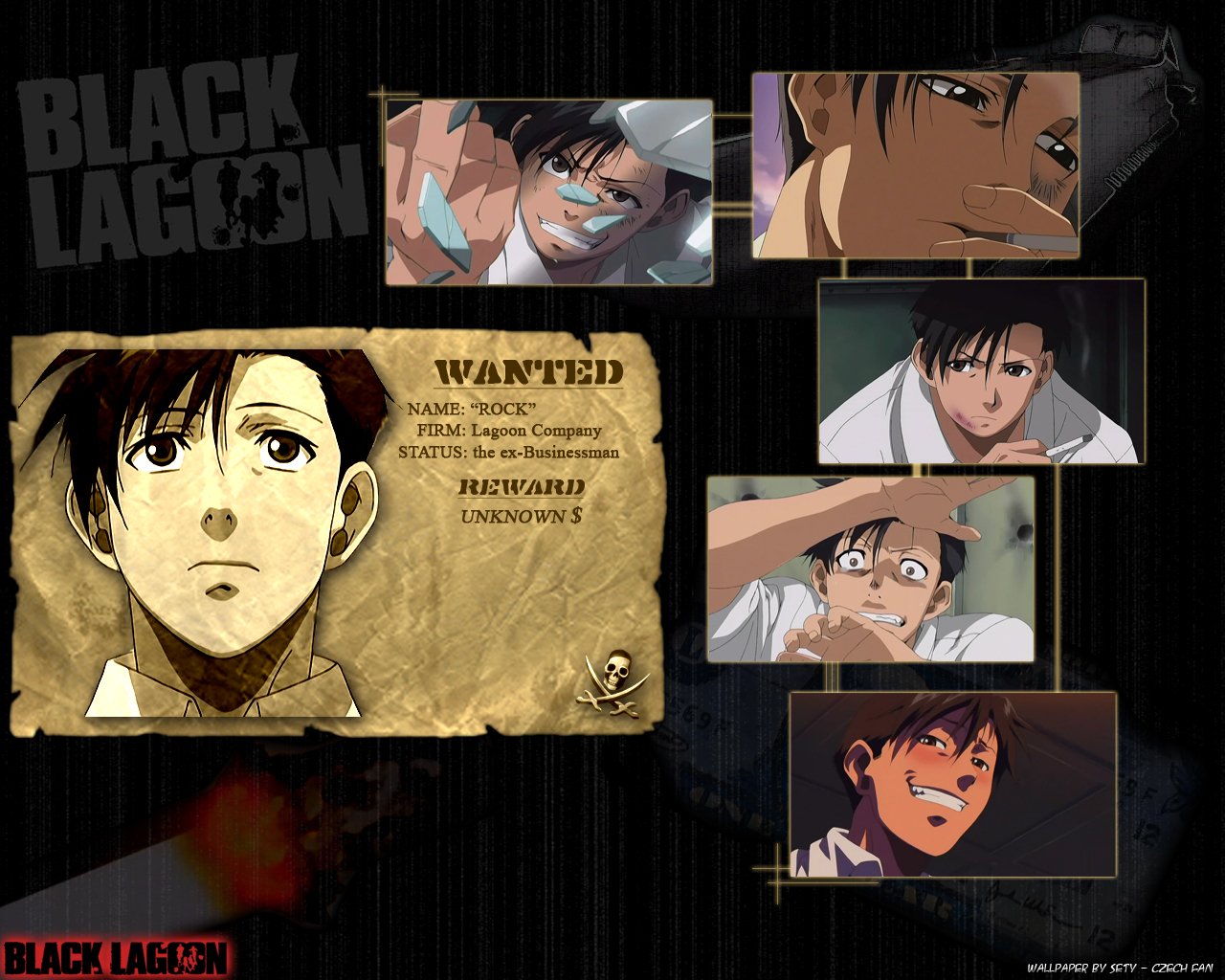 Anime collage from Black Lagoon: several character close-ups around a parchment-style WANTED poster naming Rock, set against a dark background with the Black Lagoon logo.