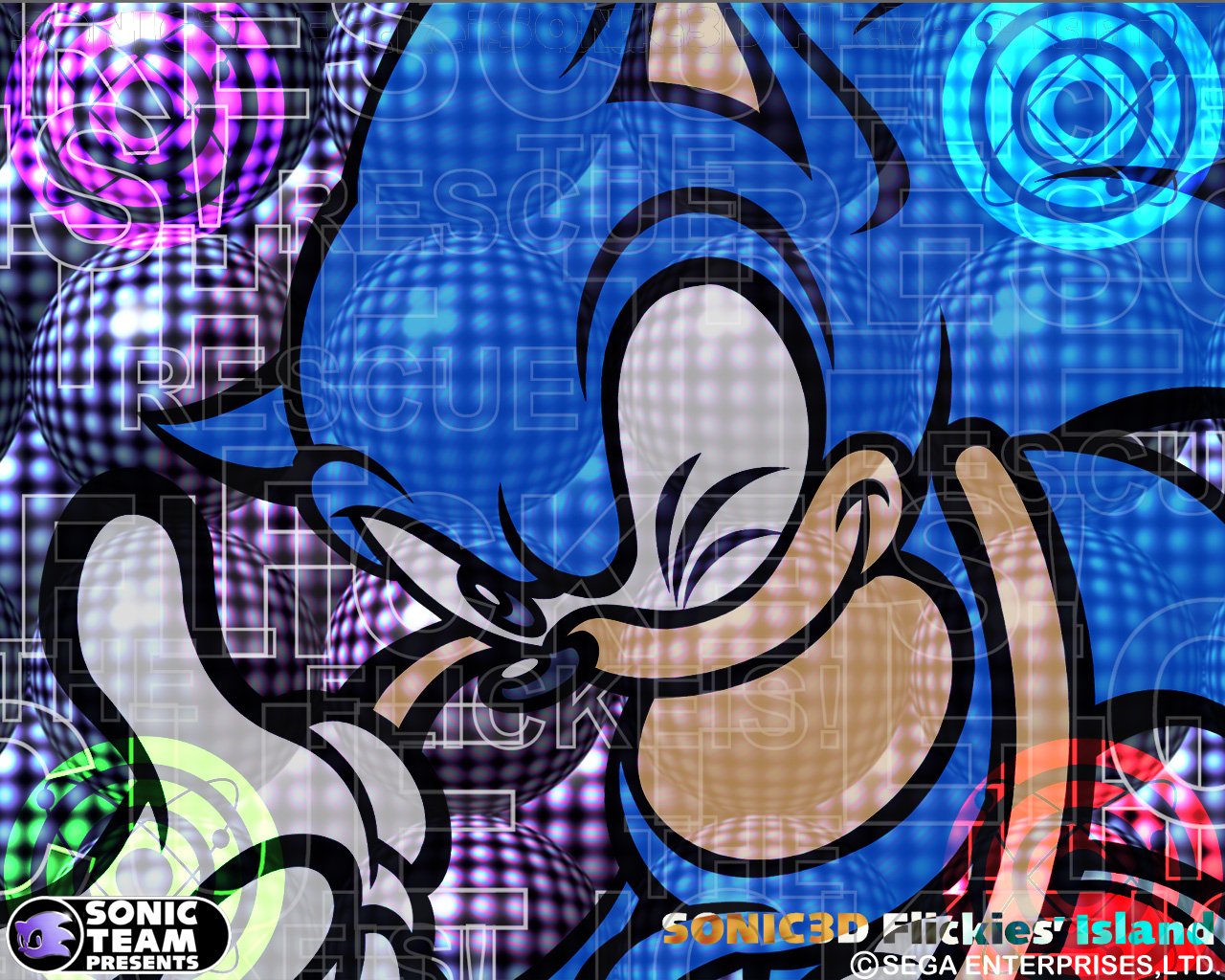 Artwork for video game Sonic 3D Blast — close-up of Sonic winking and giving a thumbs-up against a backdrop of colorful, glowing circular pixel patterns.
