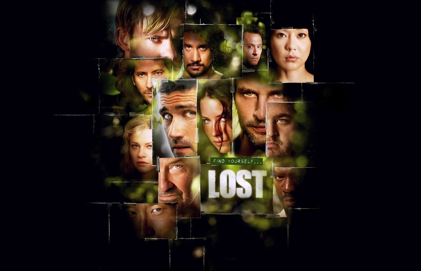 A collage of characters from the TV show Lost, featuring a mix of faces surrounded by a mysterious green haze, capturing the intrigue and drama of the series.