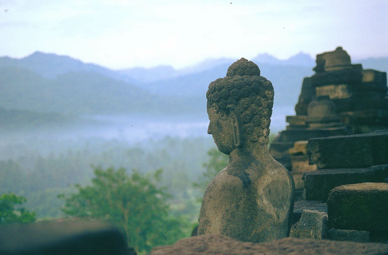A serene statue of Buddha overlooks a misty landscape, with mountains in the distance, embodying a sense of peace and spirituality in a natural setting.
