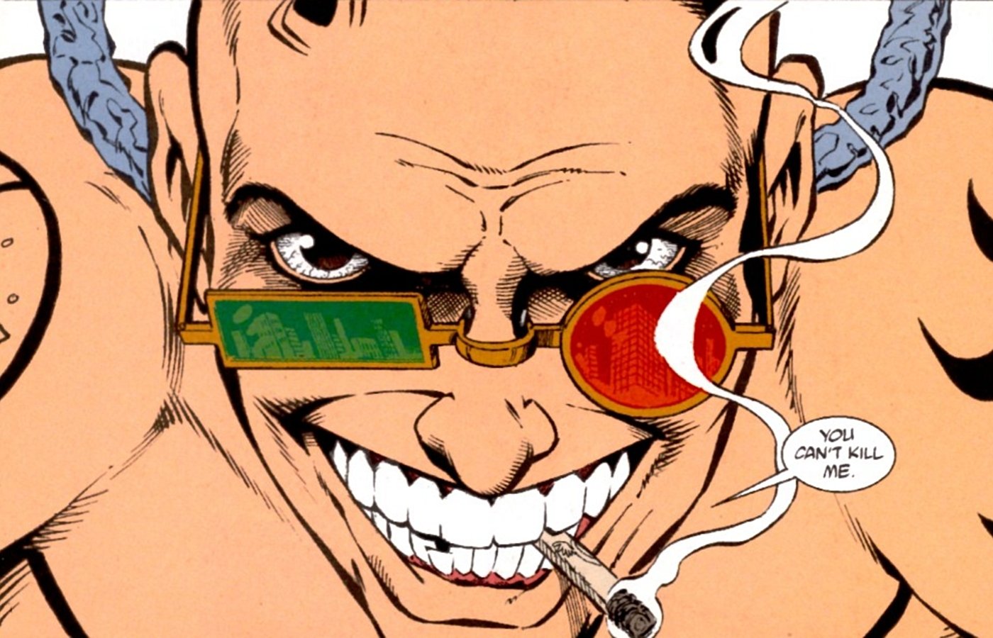 A close-up of a muscular character from the comic Transmetropolitan, grinning widely with colorful glasses, smoking, and a bold caption declaring, YOU CAN'T KILL ME.