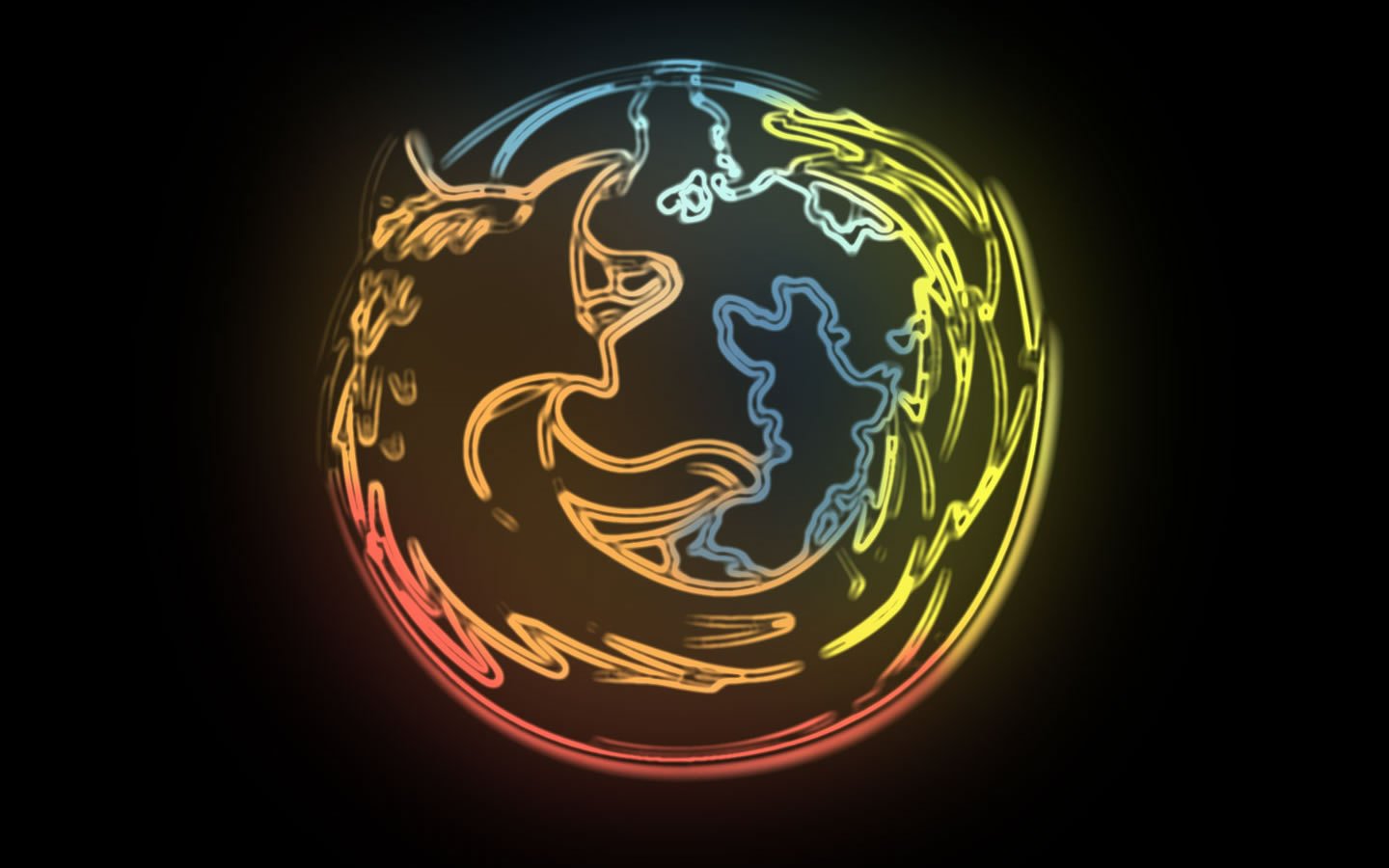 A vibrant, neon-rendered logo of Firefox, featuring a stylized fox encircling the globe, representing the popular web browser and technology.