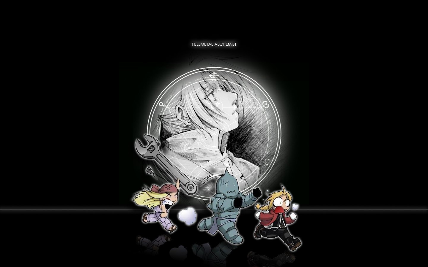 Alphonse Elric, Winry Rockbell, and Edward Elric run playfully against a backdrop featuring a sketch of Winry, celebrating their adventures in Fullmetal Alchemist.