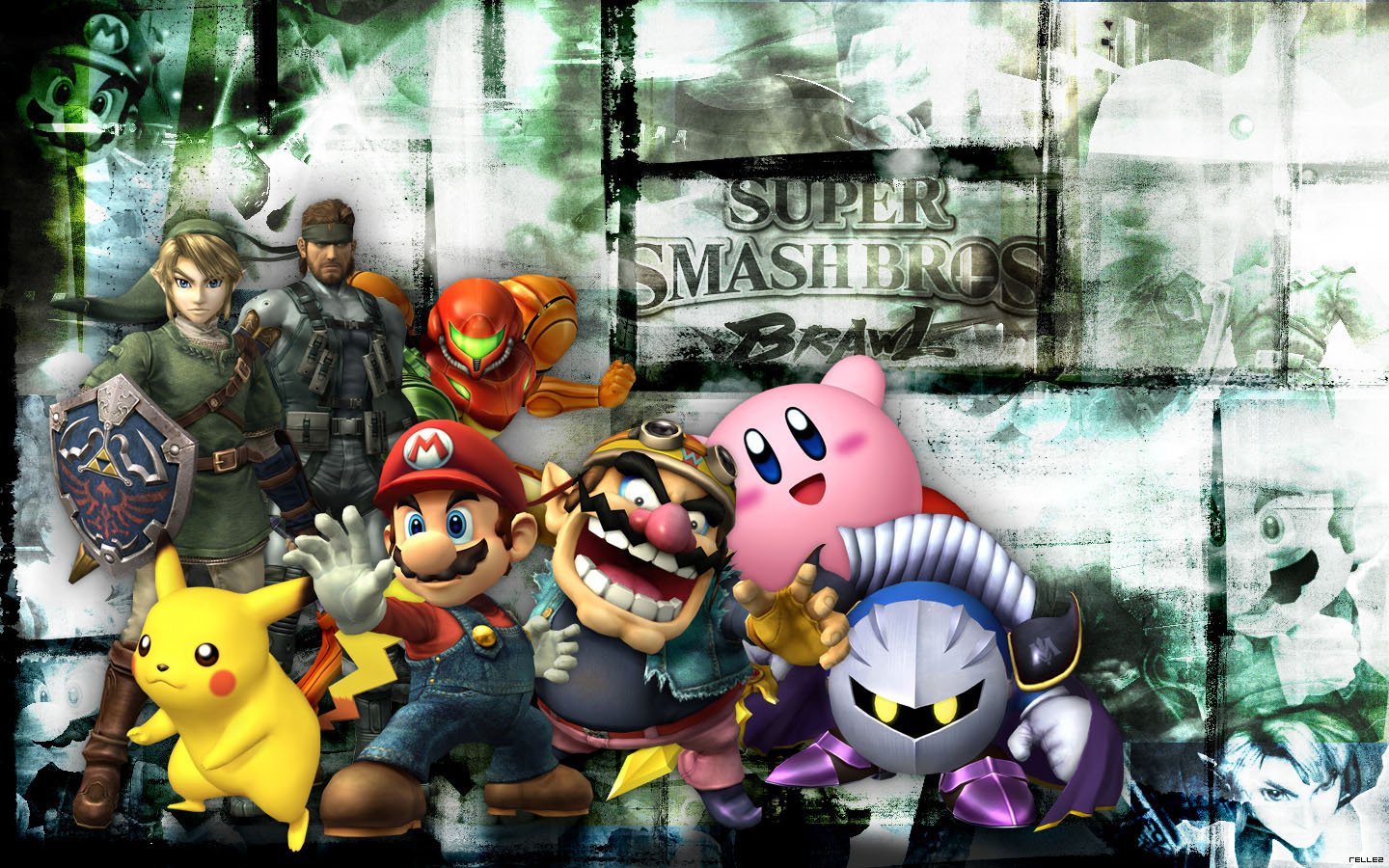 A colorful collage featuring iconic characters from the video game Super Smash Bros. Brawl, including Mario, Link, Pikachu, and Kirby, set against a vibrant, abstract background.