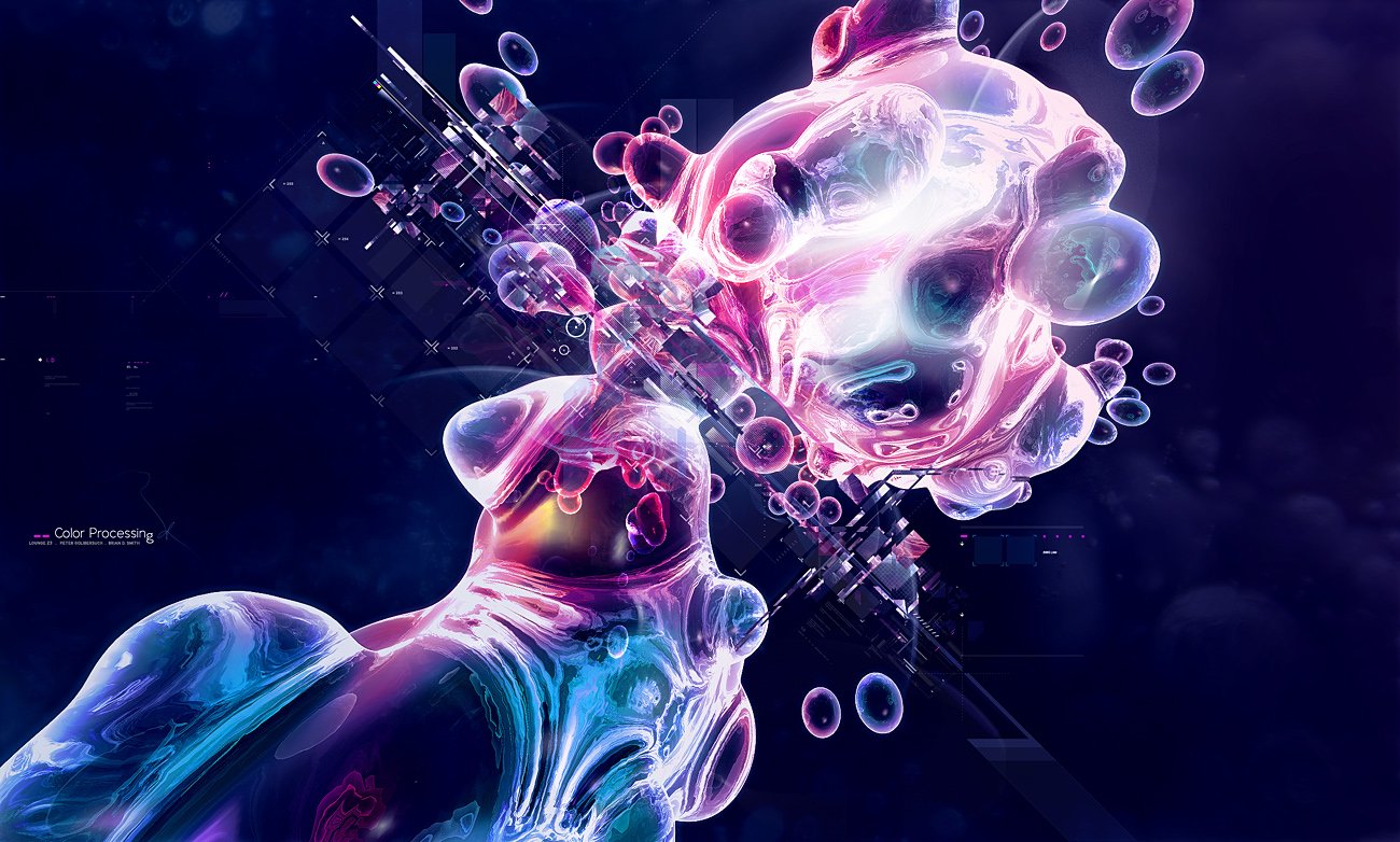 An abstract composition featuring vibrant, swirling shapes and bubbles in shades of purple and blue, set against a cool, dark background, creating a dynamic and futuristic atmosphere.