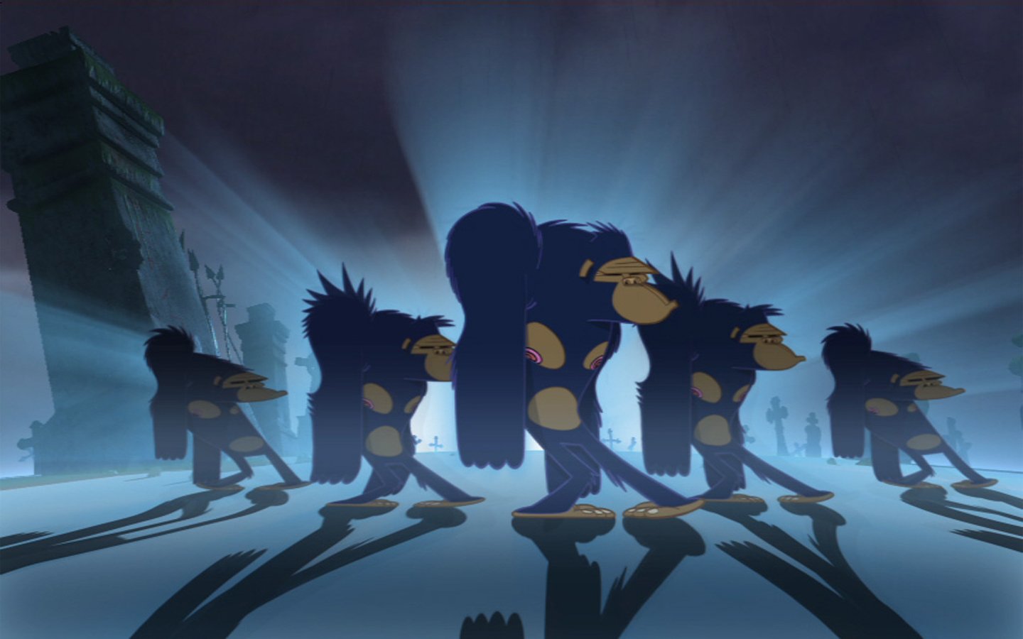 An animated scene featuring the iconic characters from Gorillaz, walking in formation against a dramatic backdrop with shadows and light, embodying the spirit of music and creativity.