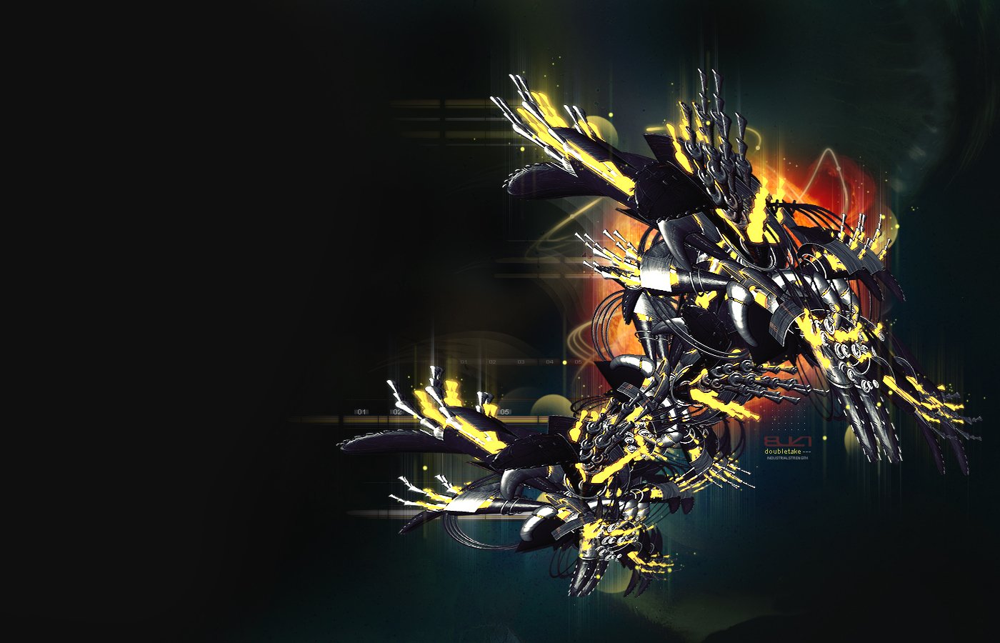 An abstract composition featuring dynamic shapes in black and vibrant yellow, set against a dark background, exuding a cool, futuristic energy.