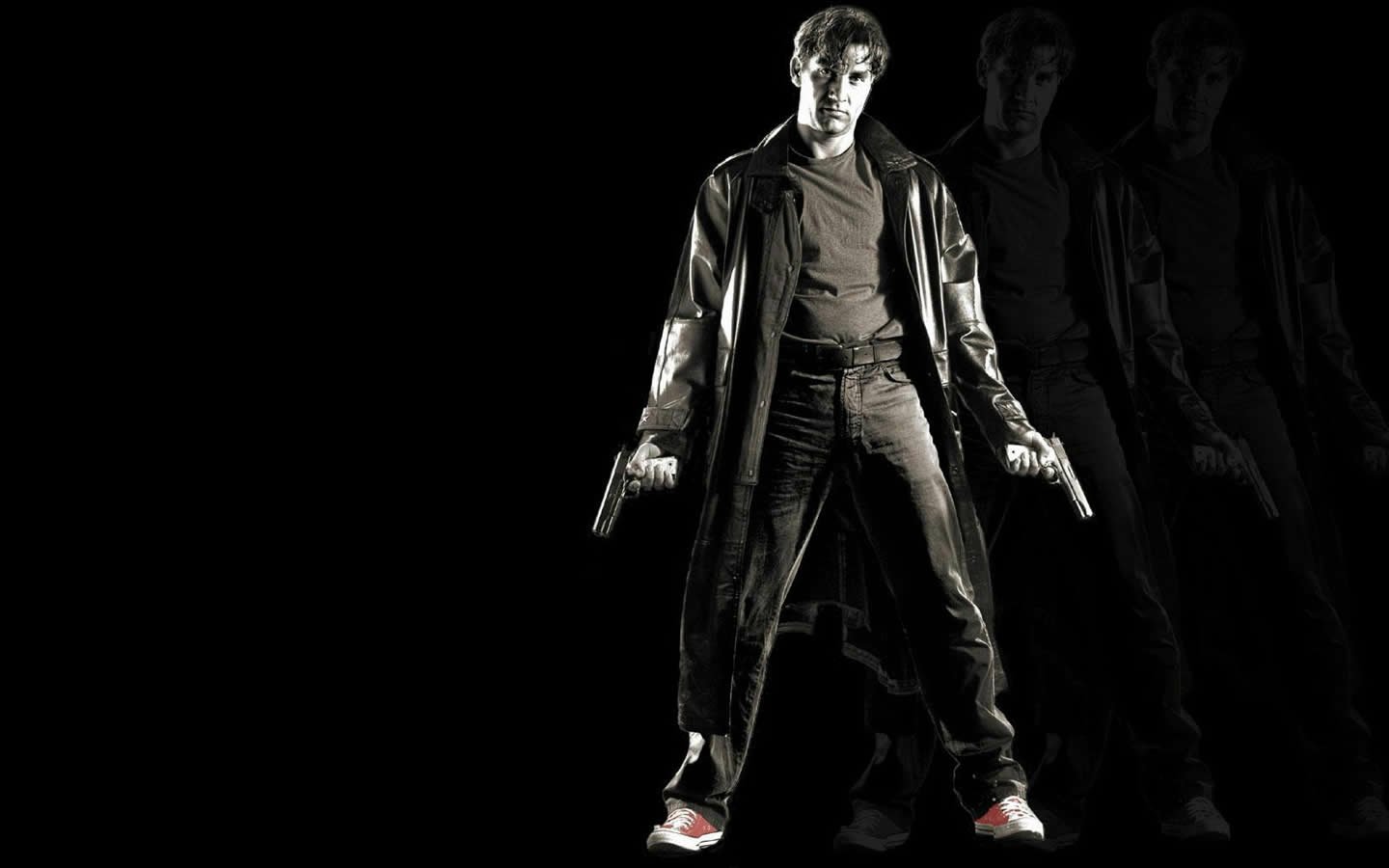 Clive Owen stands holding two guns with a dark, shadowed background, evoking a tense, dramatic scene from the movie Sin City.