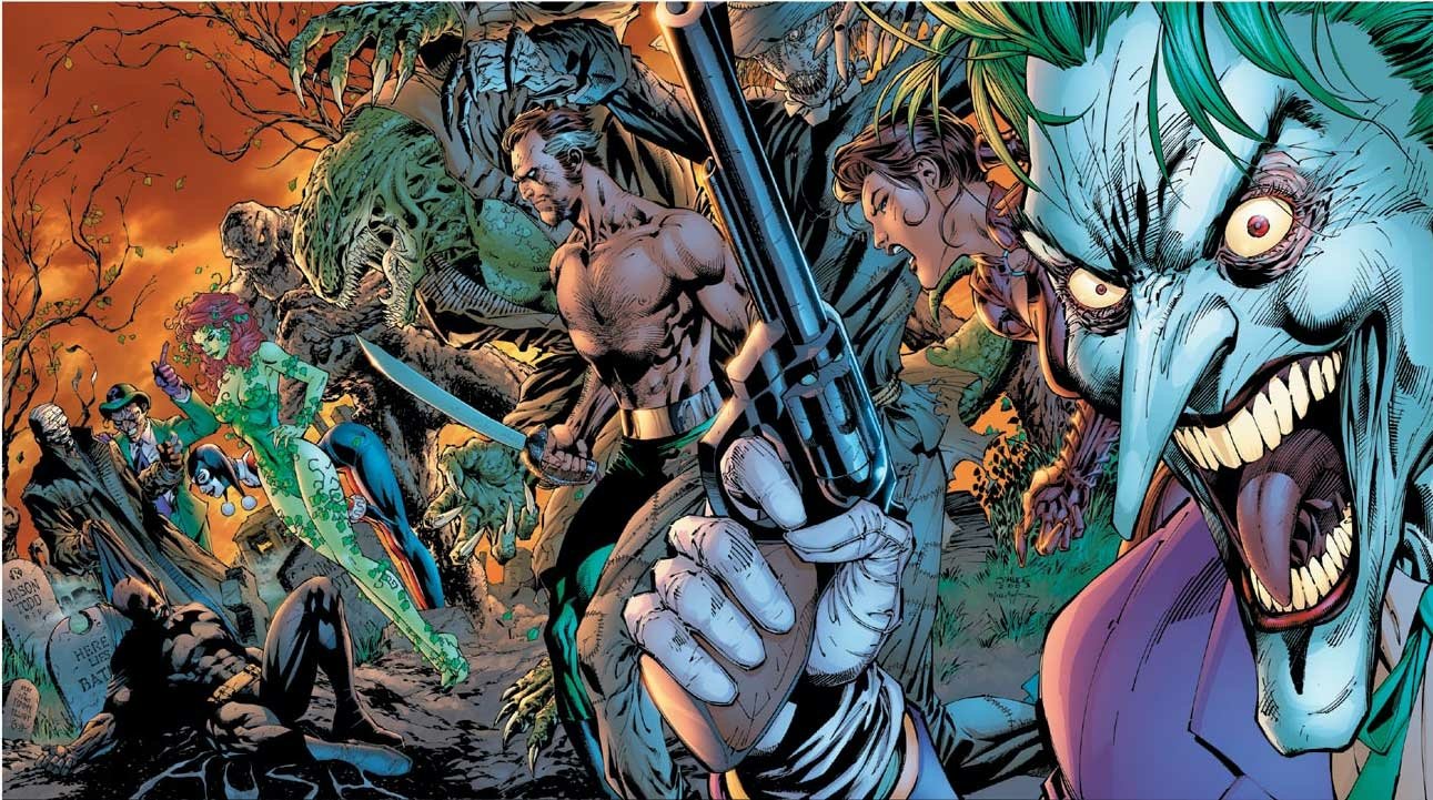 An intense comic scene featuring the Joker, Harley Quinn, Ra's al Ghul, Riddler, Clayface, Killer Croc, Poison Ivy, and Batman in a dramatic showdown.