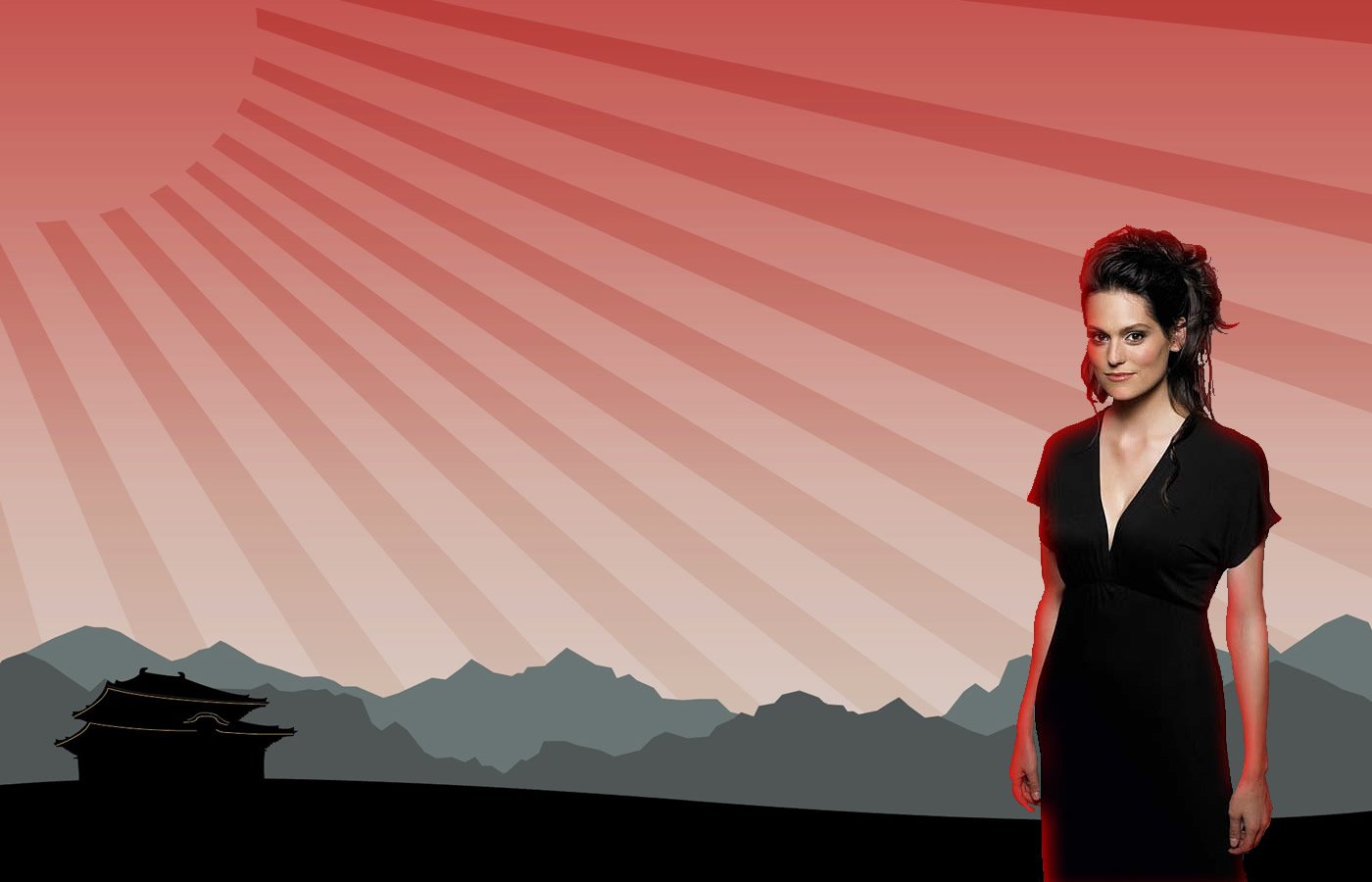 Digital illustration of woman Morgan Webb standing against a red background with sun rays and mountain silhouettes.