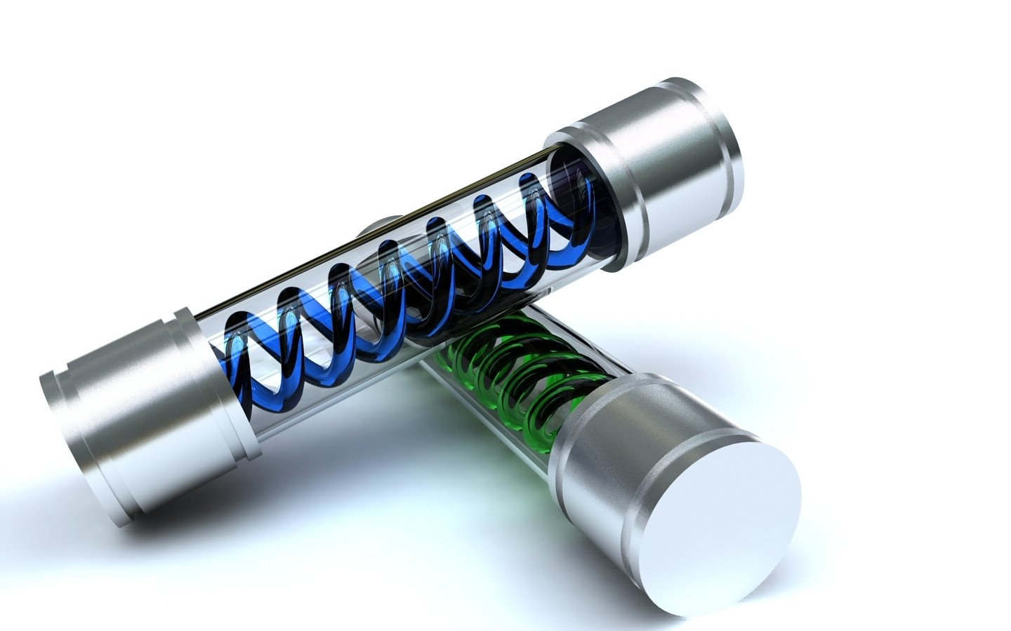 Two metallic vials are positioned on a white surface, one containing a blue coil and the other filled with green liquid, embodying elements from the Resident Evil video game.