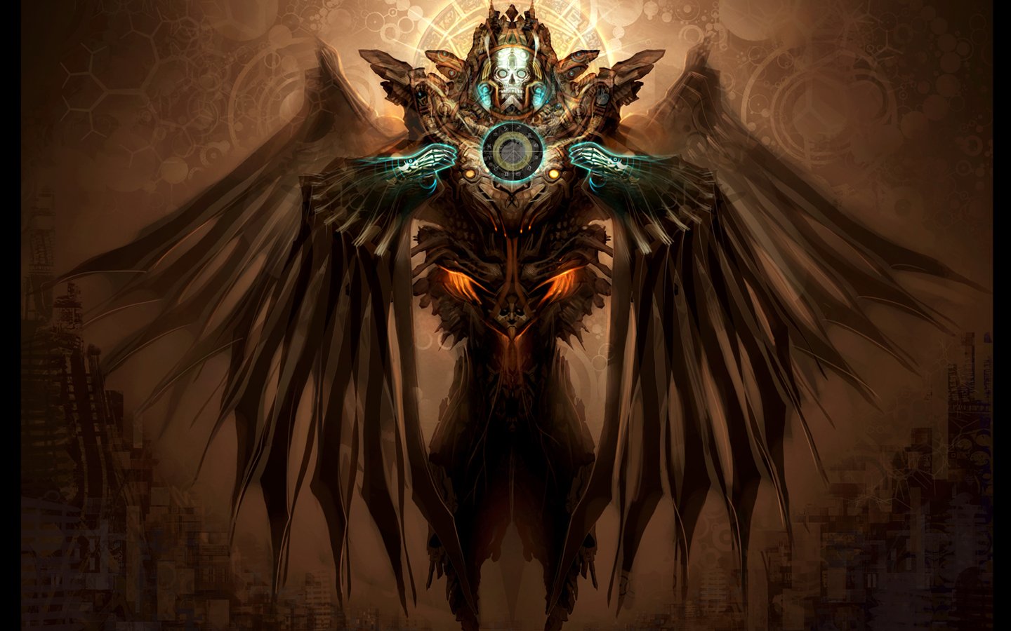 A dark, powerful deity stands majestically, adorned with intricate details and glowing elements, embodying a captivating blend of fantasy and ominous energy.