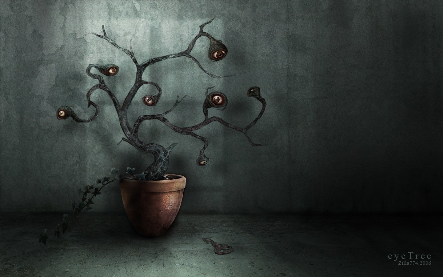 An artistic representation of an eerie, twisted tree with eyes embedded in its branches, set against a dark, textured wall, evokes a sense of the supernatural.