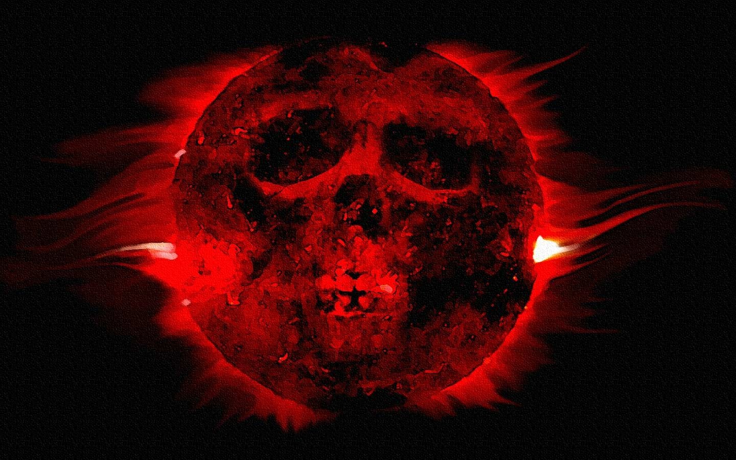 A dark, ominous moon features a striking skull design, radiating a haunting red glow amidst swirling shadows, creating a surreal and eerie atmosphere.