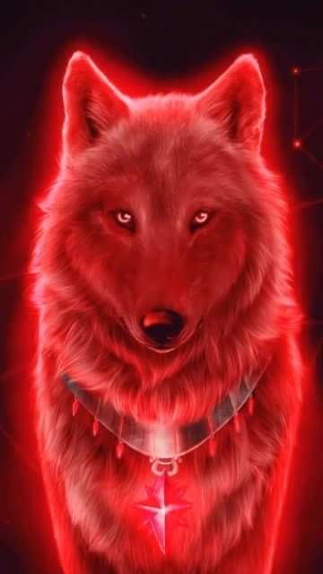 Fantasy wolf glowing crimson, piercing eyes and luminous fur, wearing a star-shaped pendant and surrounded by a mystical red aura.