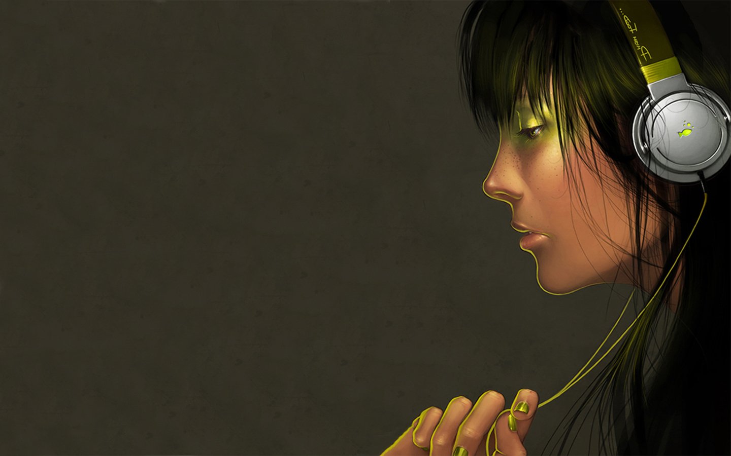 A profile view of a woman wearing silver headphones, thoughtfully holding the headphone cord, set against a dark background, conveying a sense of immersion in music.