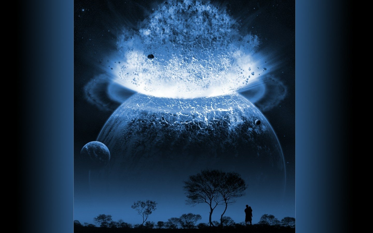 A sci-fi scene depicts a planet in dramatic collision, erupting with blue cosmic energy, while silhouetted figures observe from a distant landscape.