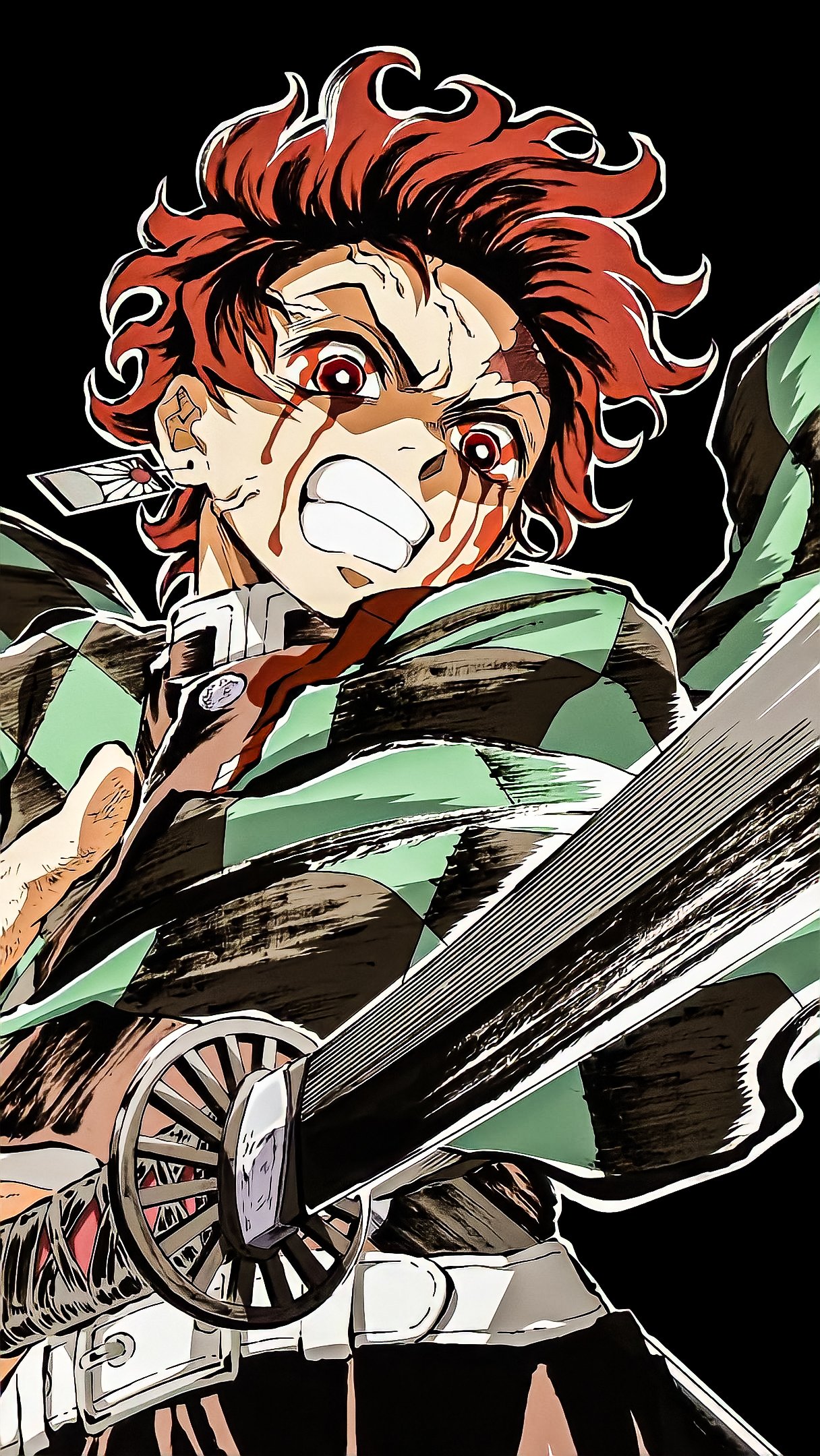 Tanjiro Kamado from Demon Slayer: Kimetsu no Yaiba lunges forward, blood-smeared face and fierce glare, gripping his sword while wearing his signature green-checkered haori.