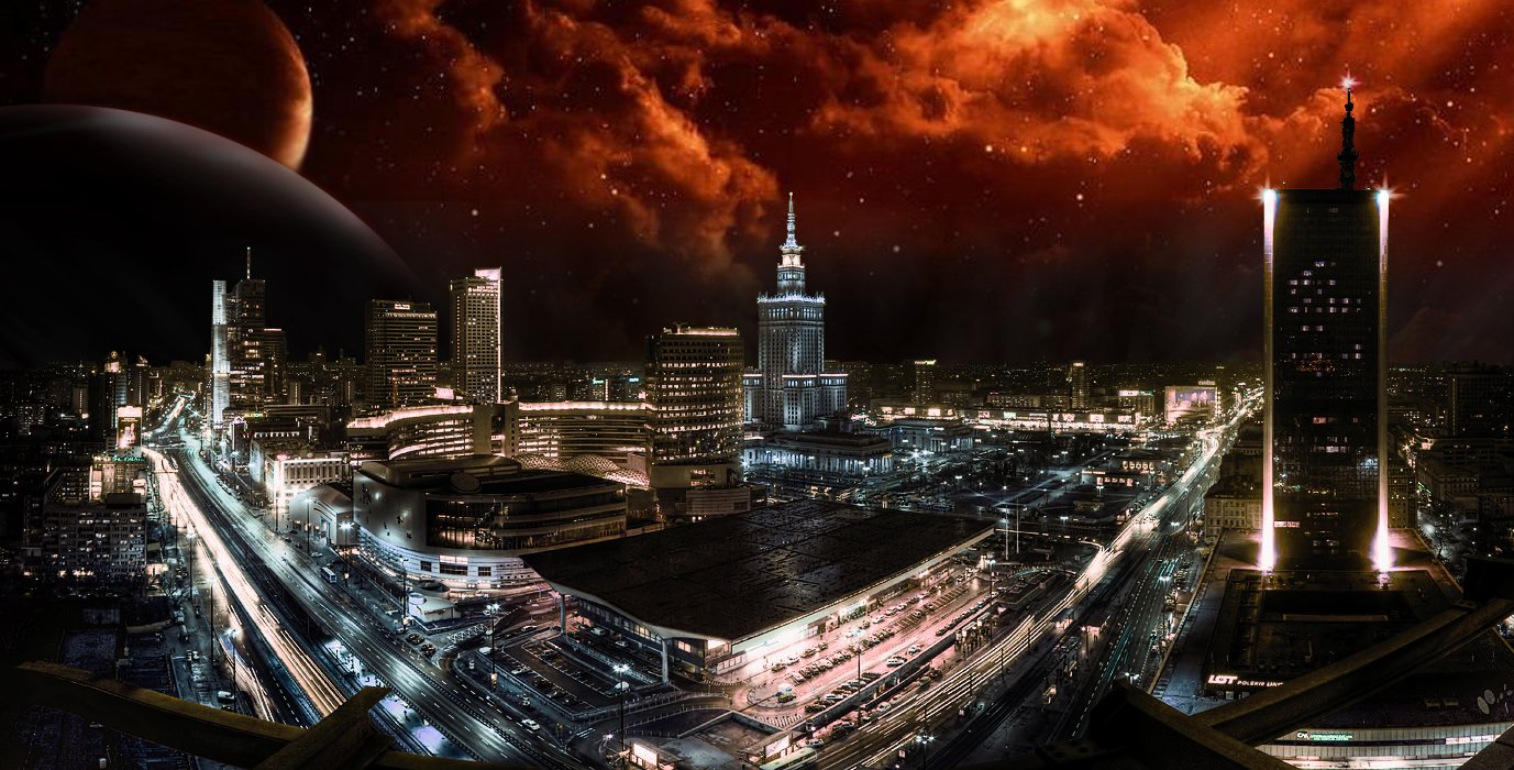 A sprawling sci-fi cityscape illuminated by city lights, under a dramatic sky filled with clouds and planets, showcases a futuristic urban environment.