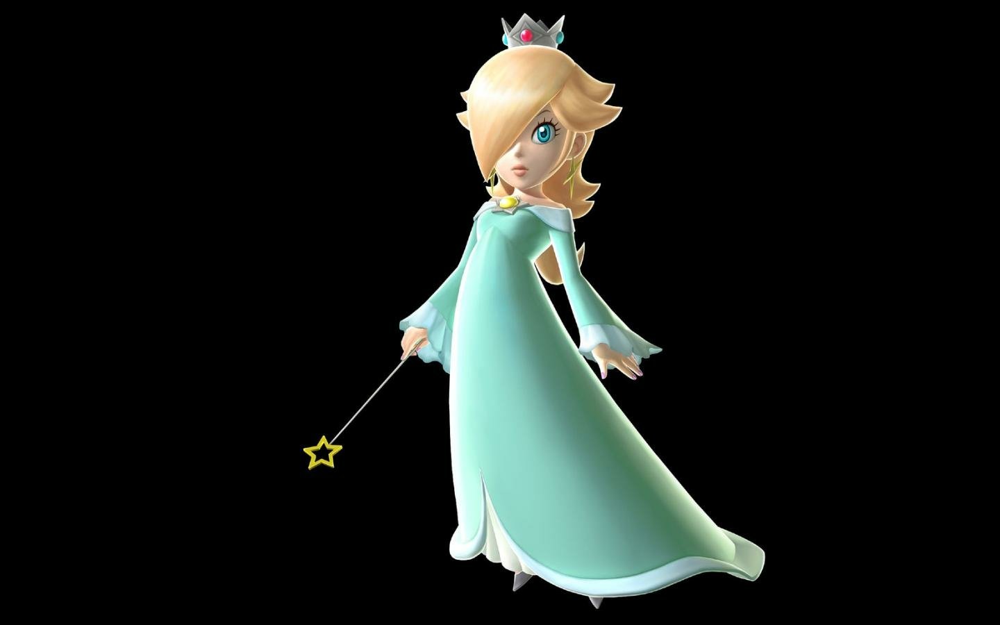 A character named Rosalina from the video game Super Mario Galaxy, depicted with long blonde hair, a flowing mint green dress, and holding a star-tipped wand.