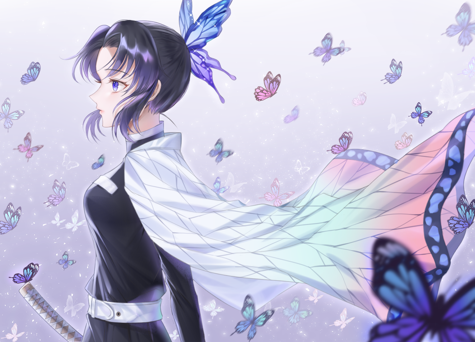 Shinobu Kochou from Demon Slayer: Kimetsu no Yaiba amid fluttering butterflies, wearing her butterfly-patterned haori and holding a sheathed sword with a serene expression.