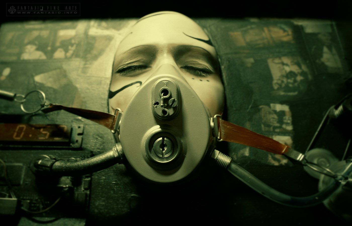 A close-up of a cyborg face, featuring a masked visage with intricate details and futuristic elements, set against a dark, textured background.