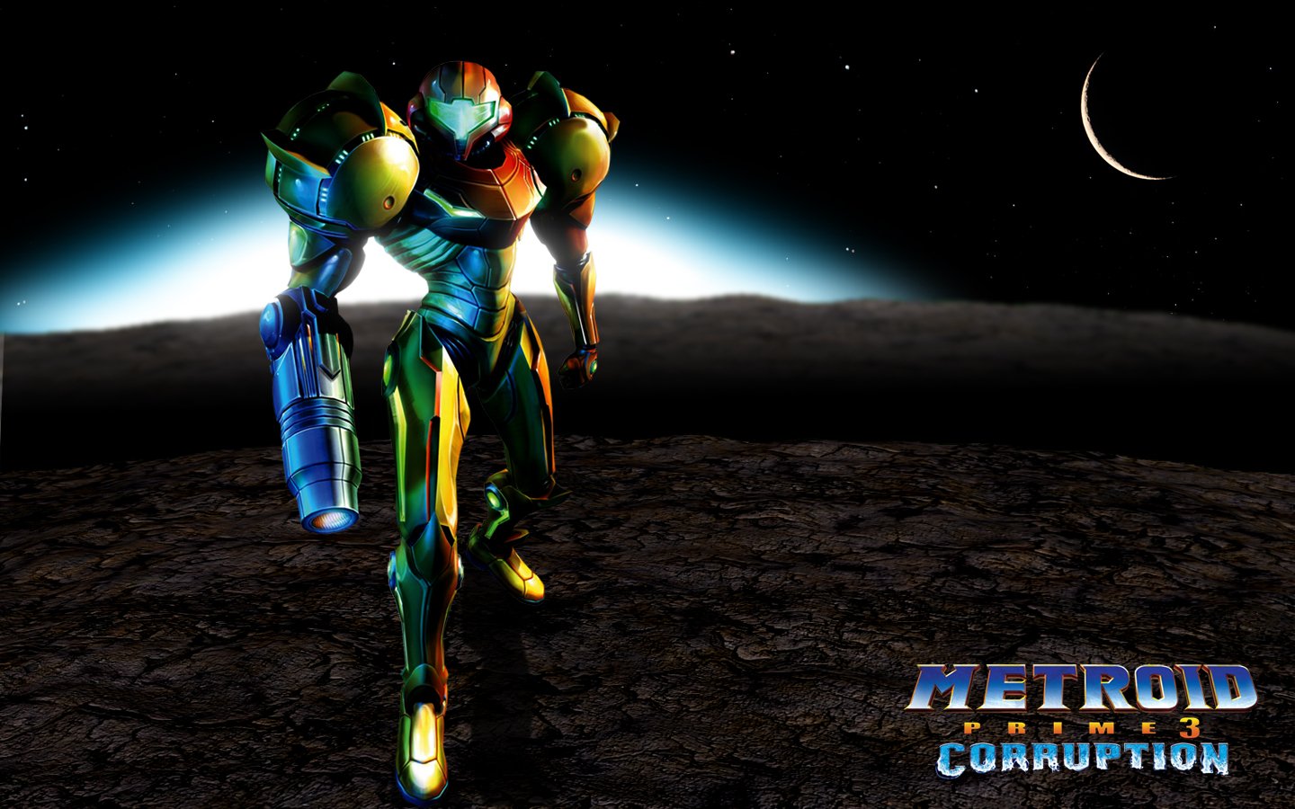 Samus Aran, the iconic bounty hunter, stands ready for action on a desolate landscape, showcasing her armor from Metroid Prime 3: Corruption with a distant planet in the background.