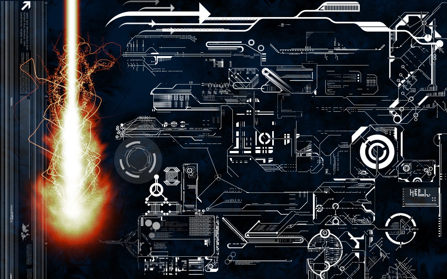 An abstract design featuring intricate patterns and technical elements, highlighted by a striking cool fire-like burst on the left, creating a dynamic visual contrast.