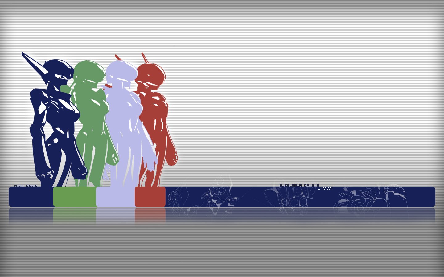 Stylized silhouettes of four characters from the anime Bubblegum Crisis stand in a row, each filled with different bold colors against a gradient gray background.
