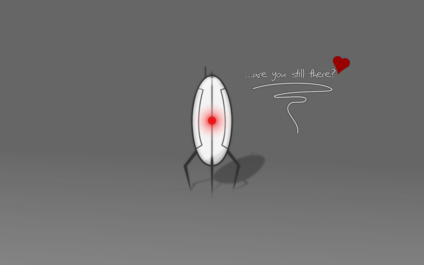 An iconic turret from the video game Portal, featuring a white and red design against a gray background, with the phrase, are you still there? and a heart illustration.