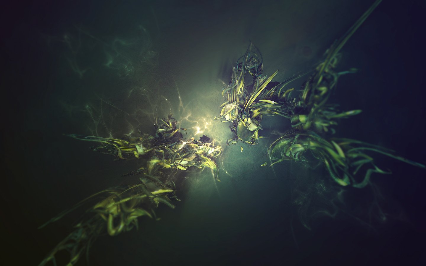 An abstract composition features swirling forms in cool shades, illuminated by a central glow, creating a mesmerizing interplay of light and texture.