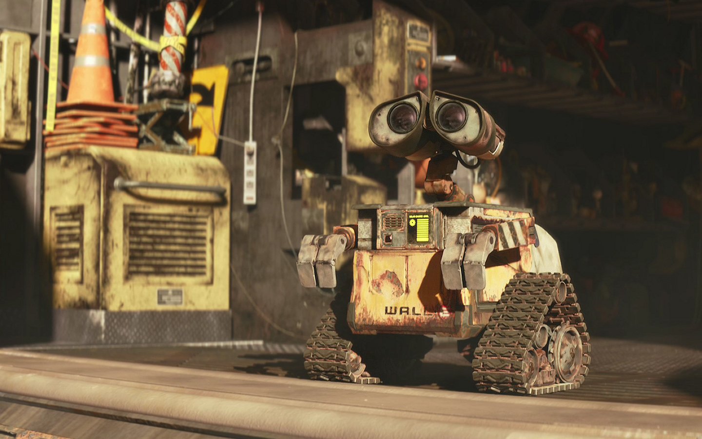 A scene from the movie Wall·E featuring the titular robot, showcasing its expressive eyes and rugged design in a cluttered environment filled with industrial elements.