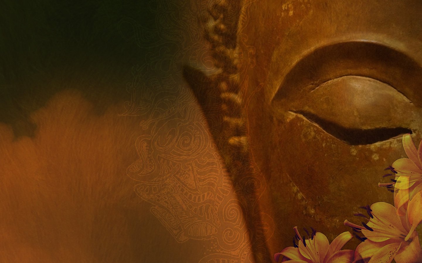 A close-up of a serene Buddha face, partially obscured, with warm colors and delicate flowers at the bottom, reflecting the essence of Buddhism and spirituality.