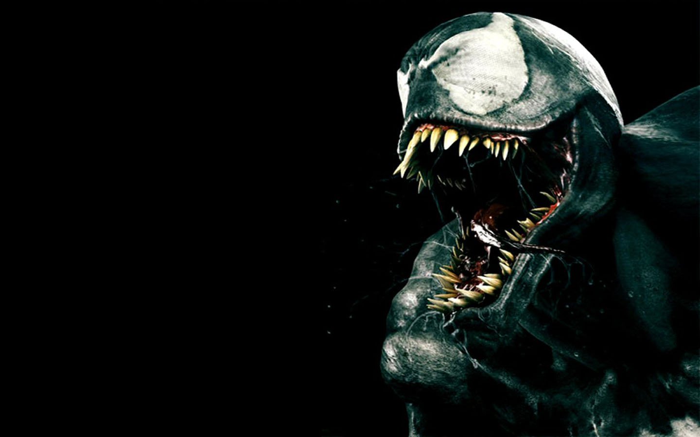 A fierce depiction of Venom from the comic universe, showcasing its menacing grin and sharp teeth against a dark background, evoking a sense of danger and intensity.