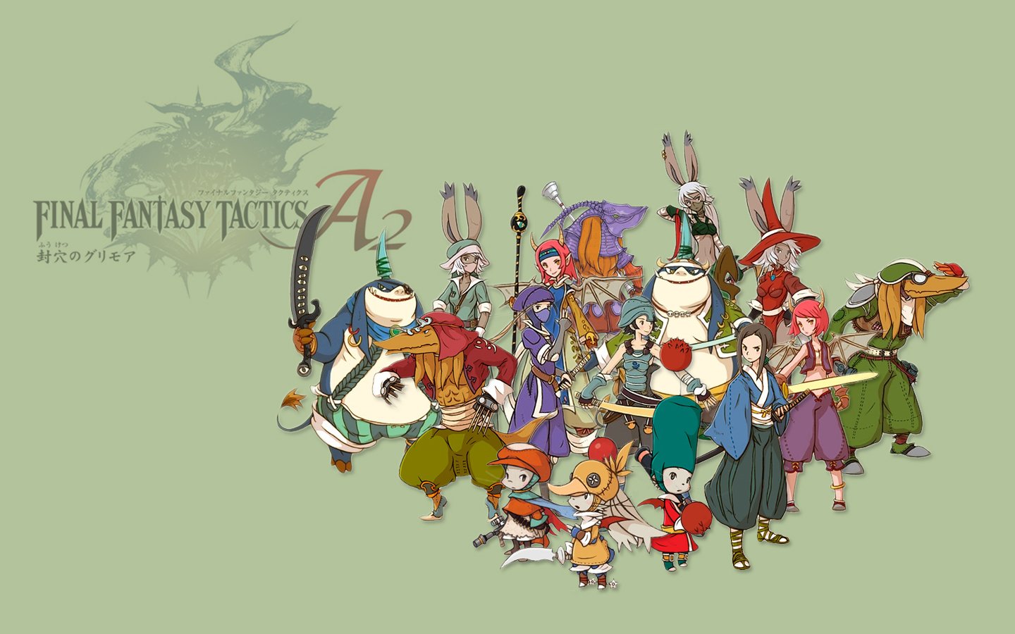 A colorful ensemble of characters from the video game Final Fantasy Tactics A2: Grimoire of the Rift, showcasing a variety of unique designs and styles against a green backdrop.