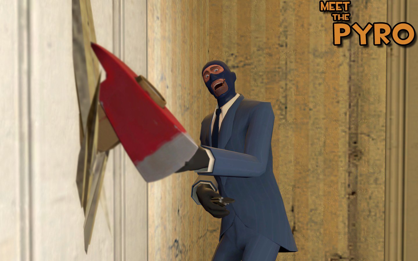 A character from Team Fortress 2, dressed in a suit and mask, enthusiastically strikes a wall with a red and white object, embodying the game's quirky humor.