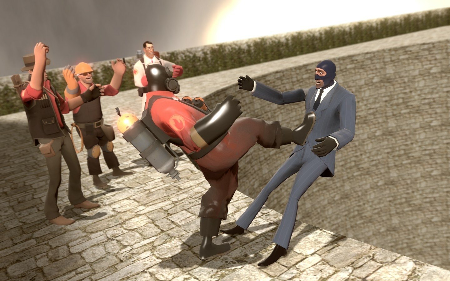 Three Team Fortress 2 characters—Sniper, Soldier, and Medic—cheer as Pyro kicks Spy in a dynamic, humorous scene set on a cobblestone surface. Engaging video game action captured vividly.