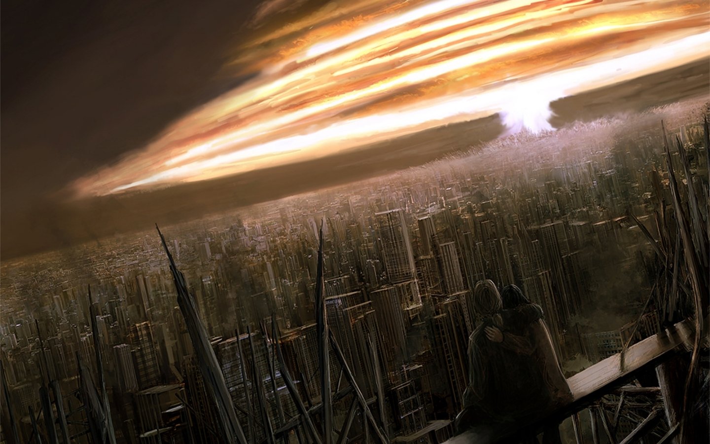 A futuristic cityscape under an apocalyptic sky, featuring two figures embracing as ominous clouds swirl above, capturing a poignant moment amidst the sci-fi chaos.