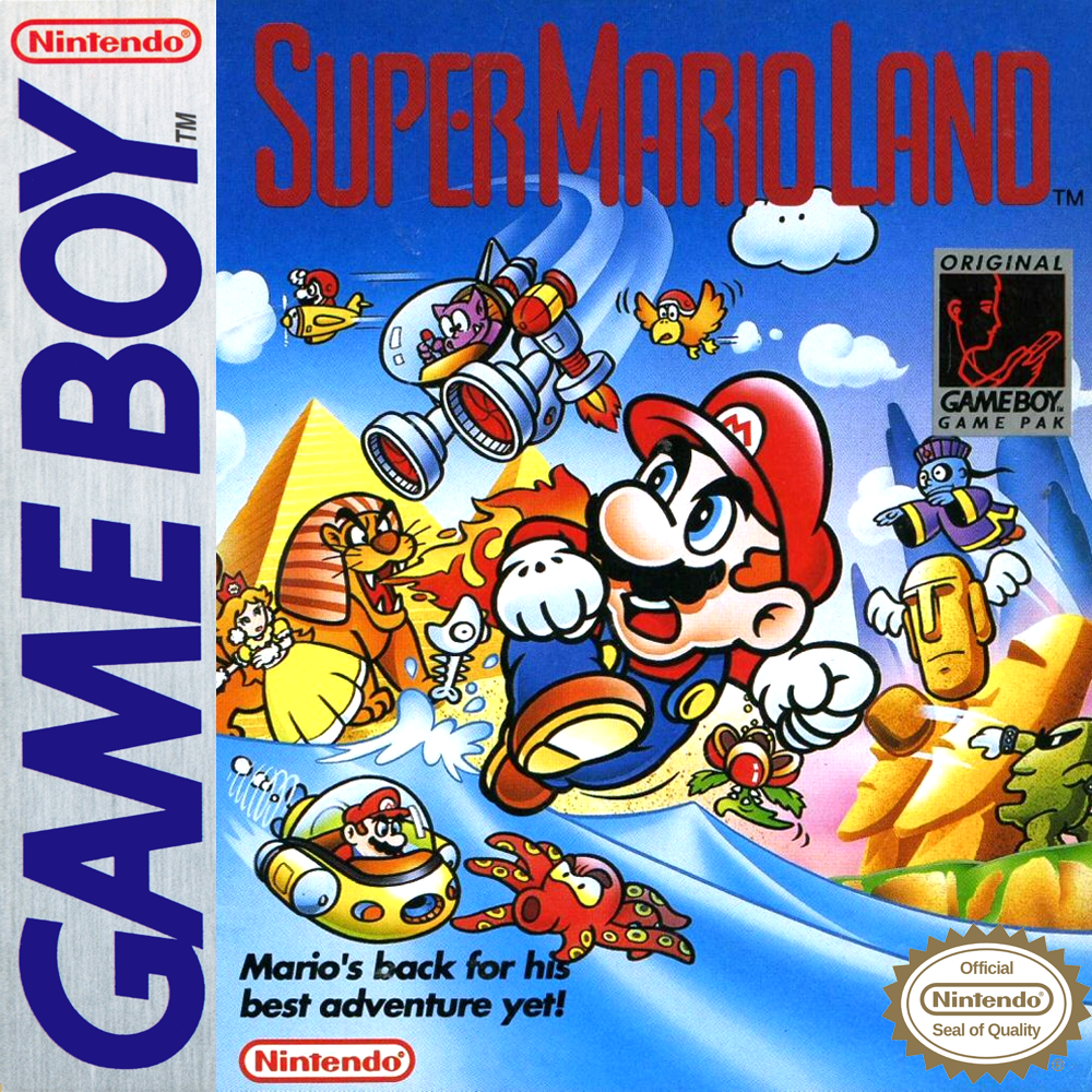 Box art for the video game Super Mario Land showing Mario leaping through a colorful desert and pyramid landscape with flying vehicles, enemies, and playful cartoon clouds.