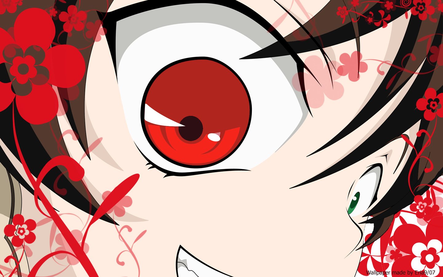 Close-up of Suiseiseki's red eye and mischievous smile surrounded by red floral patterns, capturing the distinctive anime style of Rozen Maiden.