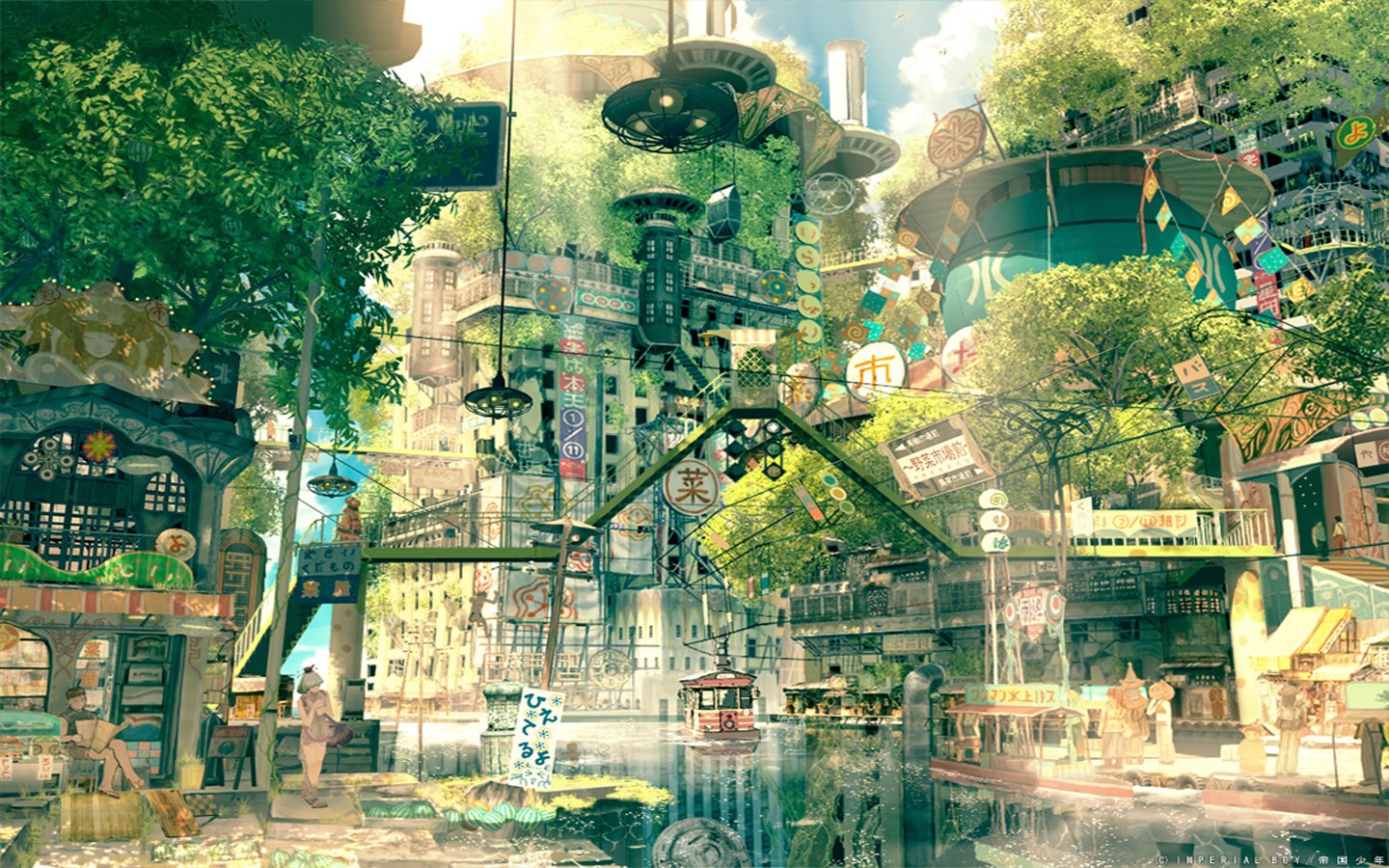 A vibrant anime cityscape filled with lush greenery, colorful buildings, and bustling activity, blending nature and urban life harmoniously.