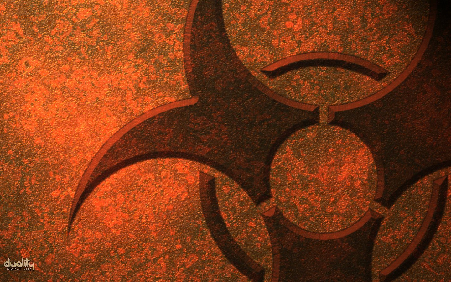 A textured, orange background features a prominent biohazard symbol, evoking a sci-fi atmosphere with its striking design and eerie appeal.