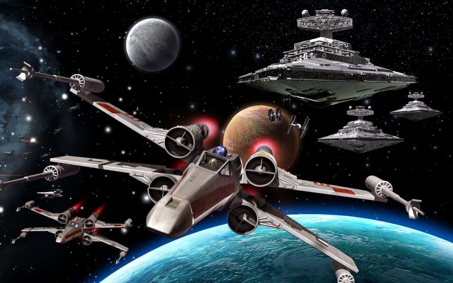 An X-Wing fighter navigates space near a planet, with a Star Destroyer and other ships looming in the background, capturing the essence of the iconic Star Wars movie universe.