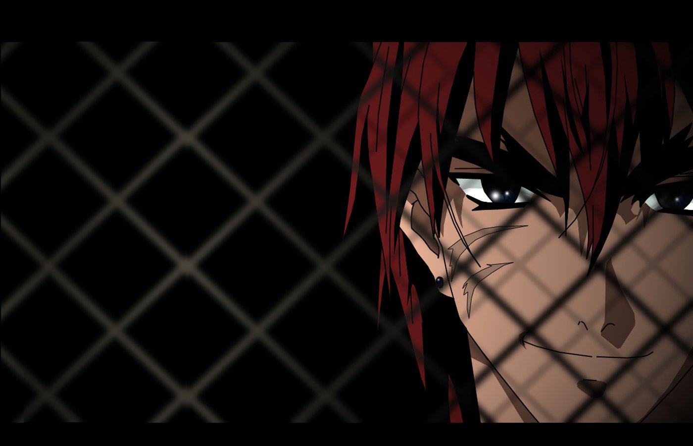 A close-up of a character from the anime Outlaw Star, featuring a smirking man with red hair and intense eyes, partially obscured by a patterned grid background.