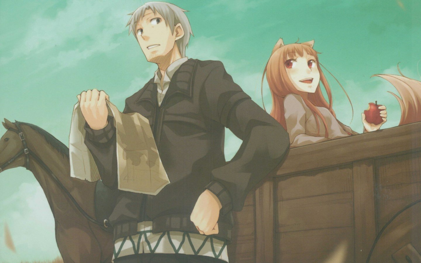 A scene from the anime Spice and Wolf featuring a silver-haired man holding a piece of parchment while a smiling wolf-girl, Holo, enjoys a snack from a cart in an open landscape.
