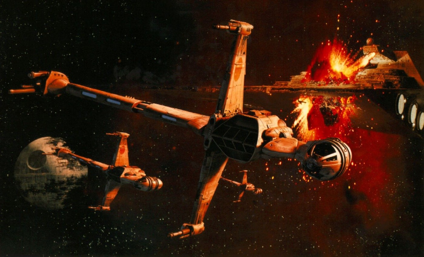 A scene from Star Wars features the iconic Death Star amidst an explosive space battle, with starships engaged in combat against a dramatic cosmic backdrop.