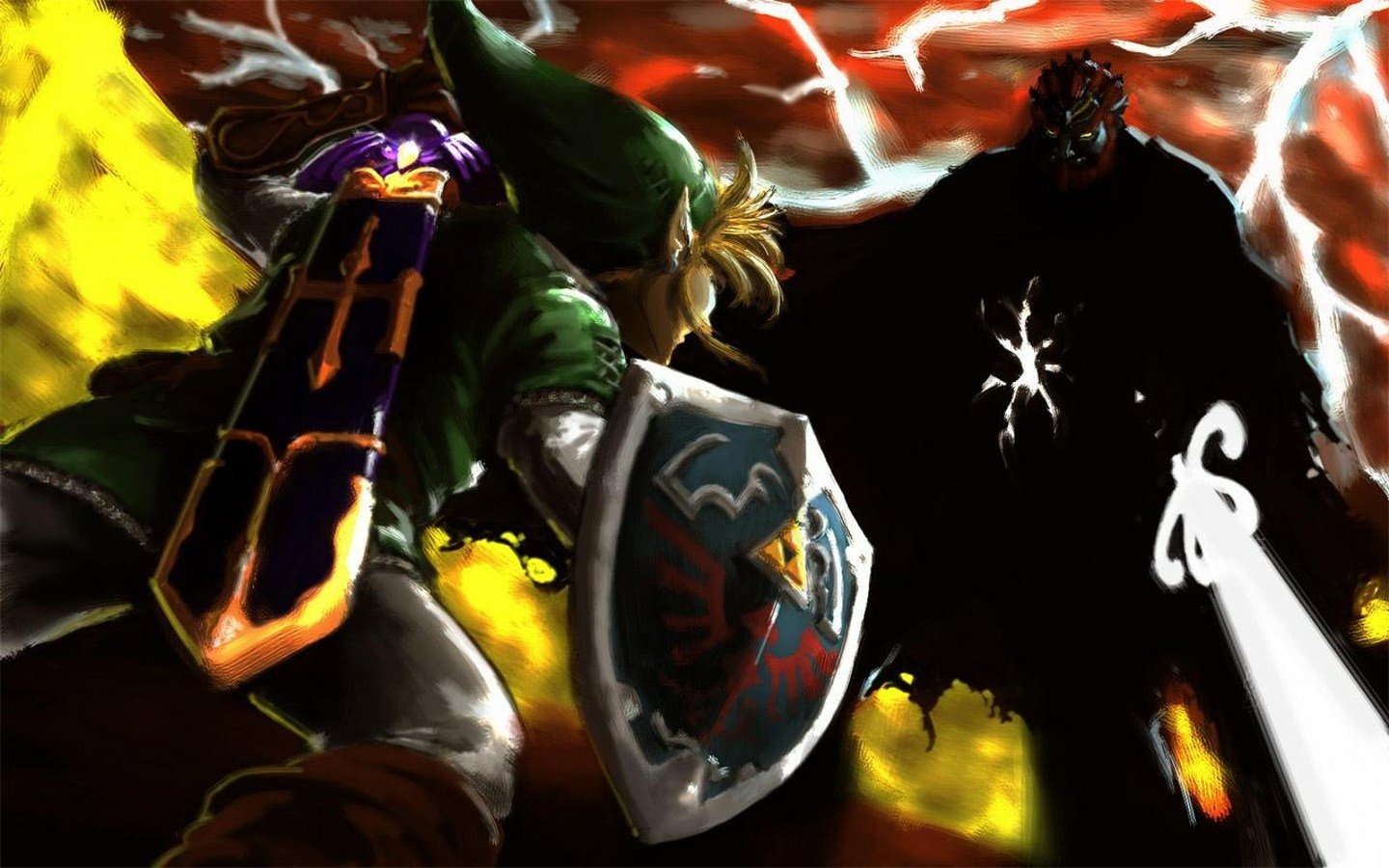 Link confronts Ganondorf in a dramatic scene from The Legend of Zelda: Twilight Princess, showcasing their iconic clash amid a stormy, dynamic background.