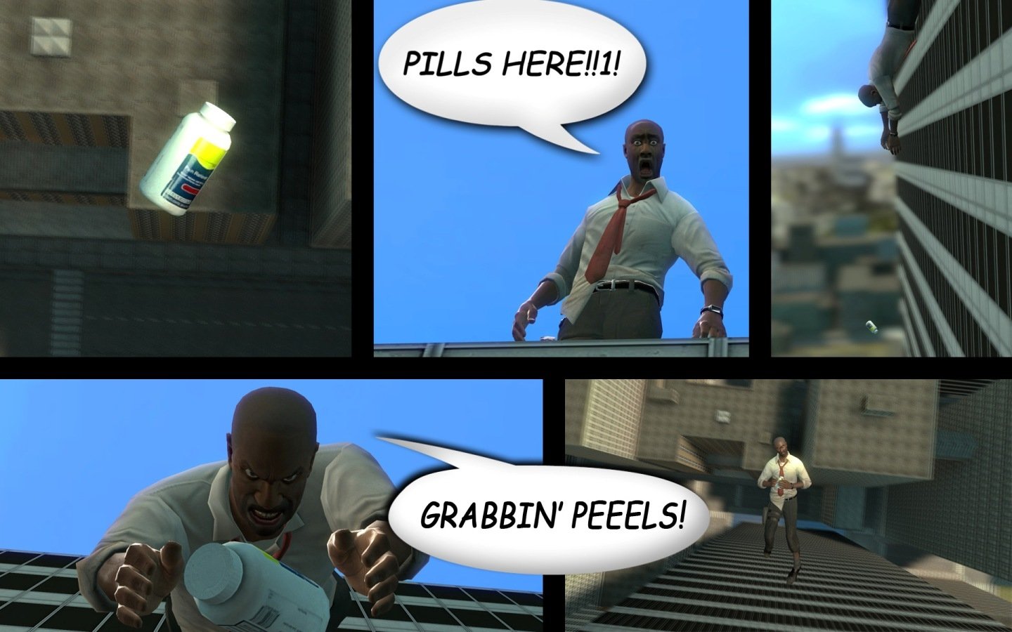 A comic-style scene from Left 4 Dead, featuring a character shouting PILLS HERE!!! while another excitedly responds, GRABBIN' PEELS! against a city backdrop.